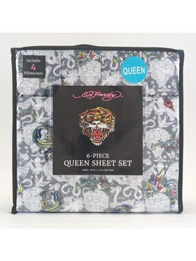 Ed Hardy Queen Sheet Set 6-Piece w 4 Pillowcases White Gray Tattoo Dragon Skill
